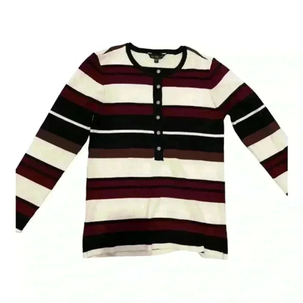 New Velvet Heart Womens Sizes XS / S White Burgundy Black Stripe Rib Knit Henley